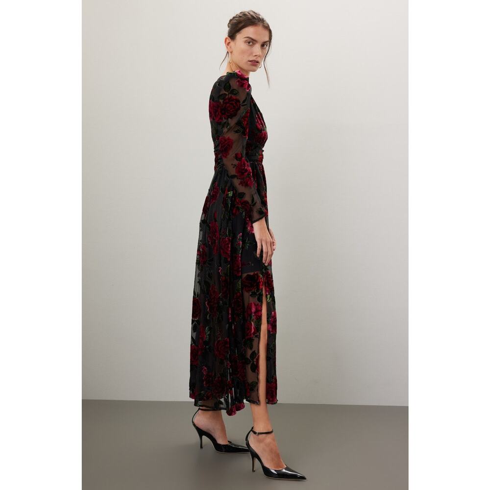 RACHEL PARCELL Black Red Floral Burnout A-Line Plunge Neckline Dress Size 0 - Picture 3 of 16